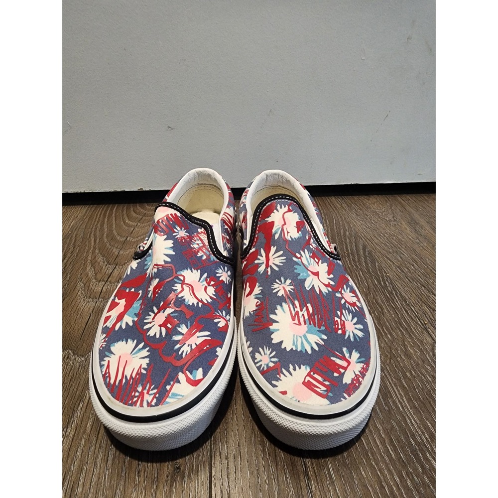 Vans Classic Slip-On Floral Print Red White Blue Sneakers Kids 4.5 Men 6 Women